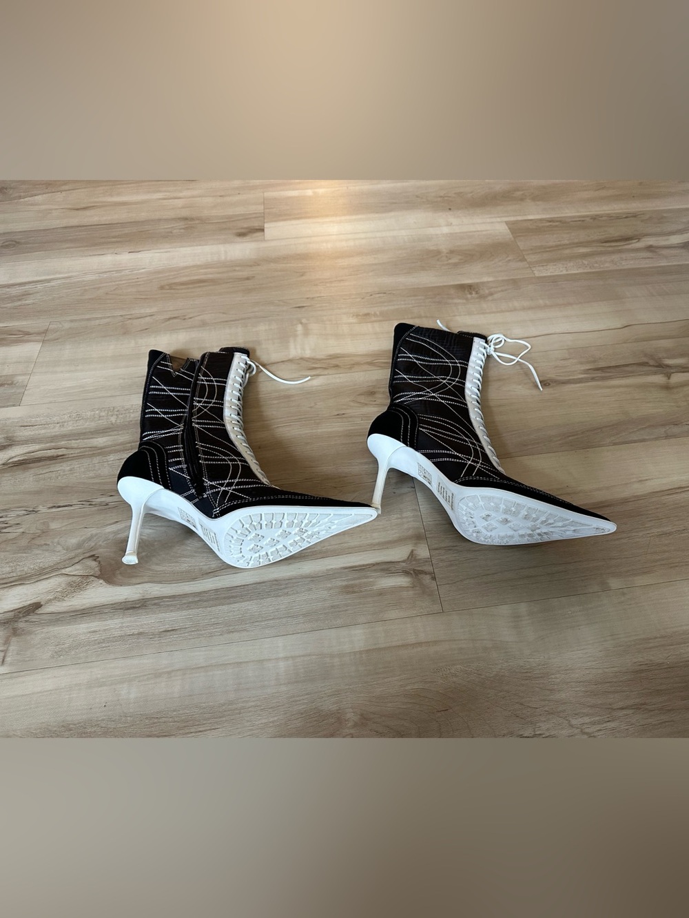 Jeffrey Campbell Black and White Lace-Up Pointed-Toe Women's Boots - Picture 2 of 2